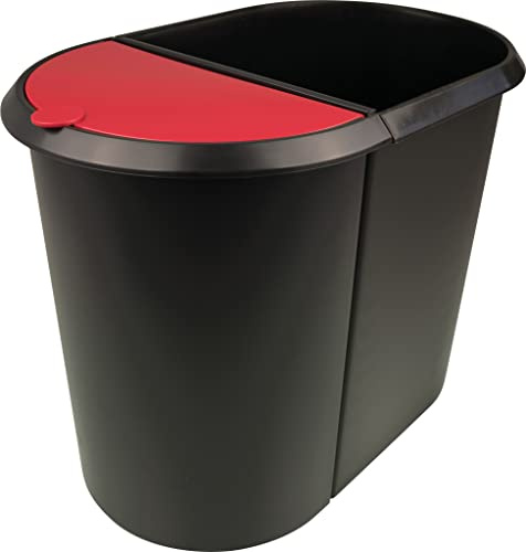 helit H6103992 - Papierkorb „the double“, 20 Liter/9 Liter, oval, umlaufender Griffrand, schwarz / rot, Mülleimer 2 Fächer