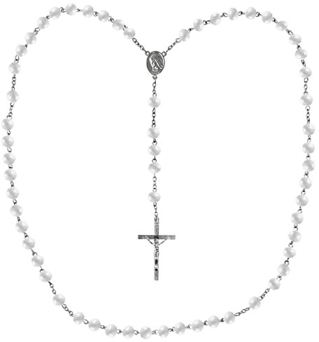 Kaltner Präsente Geschenkidee - Rosenkranz für Damen und Herren mit Kreuz Anhänger Marienbild und Glas Perlen Farbe Weiß (Länge 74 cm)