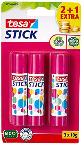 tesa Stick ecoLogo - Geruchsneutraler Klebestift für Papier und Pappe - Lösungsmittelfrei und Umweltschonend - 3 x 10 g