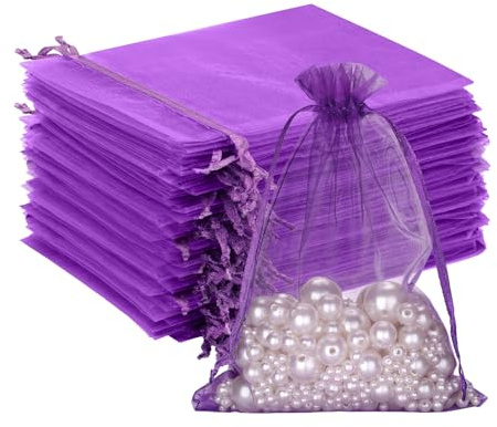Saquitos de regalo de organza, 100 unidades, bonitas bolsas para entregar regalos a sus invitados, 10 cm x 15 cm, morado, Lila | Bolsas de joyería de boda, bolsas de malla transparente perfectas para bodas, Navidad, cumpleaños, aniversarios