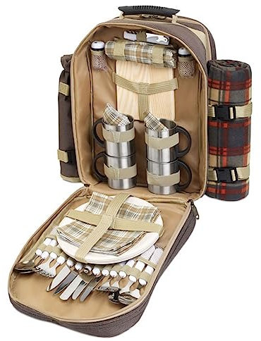 Picknickrucksack für 4 Personen mit Picknickdecke, Metall-Geschirr, Holzschneidbrett, Flaschenkühler, Salzstreuer, Servietten und Besteckset – Ideal für Outdoor & Camping