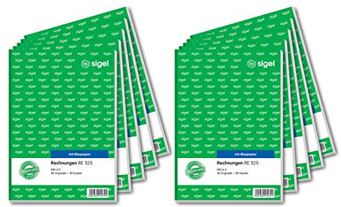 SIGEL RE525/10 Rechnungen A5, 2x50 Blatt, 10er Pack, mit Blaupapier und Abheftlochung, Rechnungsblock | RE525/10, mit Blaupapier und Abheftlochung