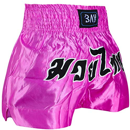 BAY REMY PINK M mit traditioneller Thaischrift, Thaiboxhose, Thaiboxshort, Hose Short Thaiboxen Muay Thai, Satin, pink, rosa, schwarz, Größe M