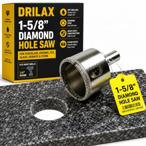 Drilax 40mm Diamond Hole Saw Drill Bit Hole Cutter for Tiles, Glass, Quartz, Marble, Granite Countertop, Ceramic, Porcelain, Coated Core Bits Standard Holesaw