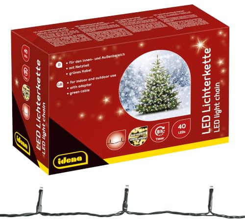 Idena 8325056 - LED Lichterkette mit 40 LEDs in Warmweiß, 8 Stunden Timer Funktion und Transformator, ca. 11,9 lang, Deko für Innen & Außen, zum Basteln, als Party Deko, Weihnachtsdeko, Hochzeit