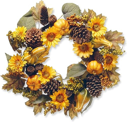 National Tree Company Artificial Autumn Wreath, Decorated with Pumpkins, Gourds, Pinecones, Sunflowers, Berry Clusters, Assorted Leaves, Autumn Collection, 22 in