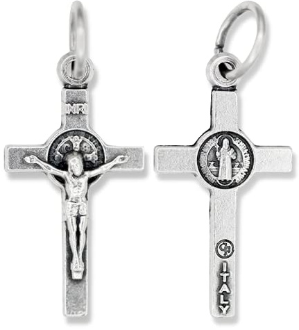 Caritas et Fides Bulk Pack of 10 - Small Saint Benedict Crucifix Crosses - 7/8 Inch Silver Oxidized Catholic Cross Charms for Jewelry Making Charm Bracelets, Dainty Cross Necklace, Made in Italy