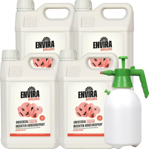 Envira Universal Effect Insekten Abwehrspray 4 x 5 Liter + 2L Drucksprüher - Extra starkes Spray mit Langzeitwirkung gegen Trauermücken, Silberfische & Ungeziefer - Mittel gegen Insekten