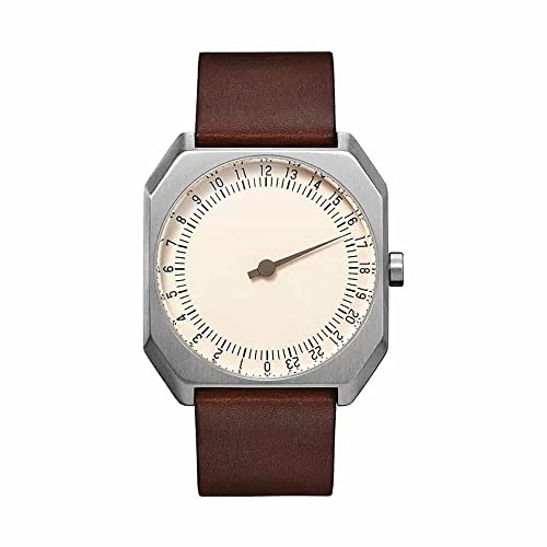 slow Jo 17 – schweizisk unisex envisarklocka analog 24 timmars display läder silver/mörkbrun, Beige, Band