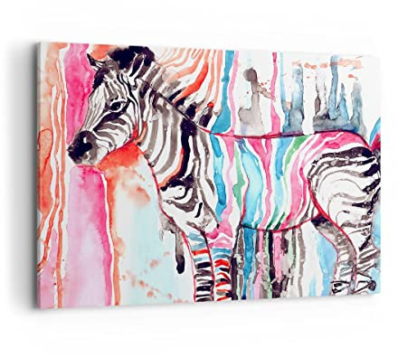 Bilder auf Leinwand 100x70cm Leinwandbild Zebra Tiere Natur bunte Groß Wanddeko Bild Schlafzimmer Küche Deko Wandbilder Dekoration Wohnzimmer Wall Decor Canvas Wand Kunstdruck Art AA100x70-3075