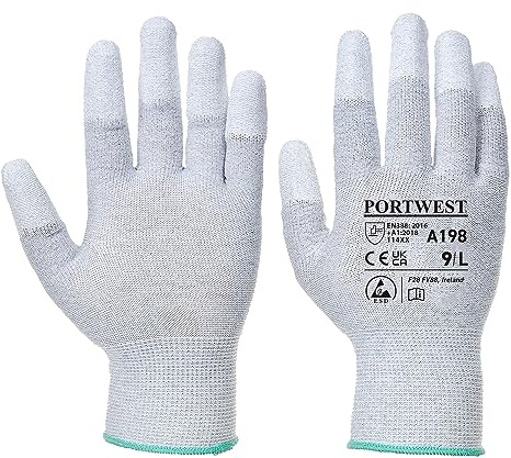 Portwest A198 PU Fingertopp Säkerhetshandske Antistatisk ESD Normal Foder | Grå, XS, EN 388, EN 16350, EN ISO 21420 Fingerfärdighet 5, Smal Passform, 13 Gauge, Polyester, Andningsbar, Hållbar