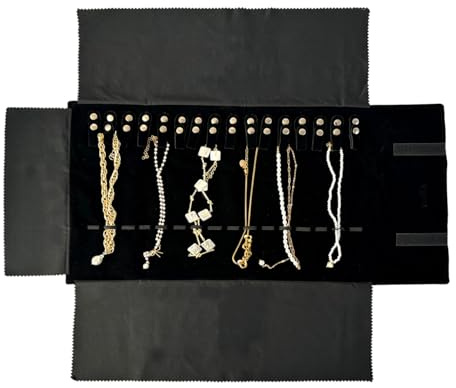 UnionPlus Velvet Travel Jewelry Roll Bag Organizer for Necklace, Elastic Band and Anti-winding, Black
