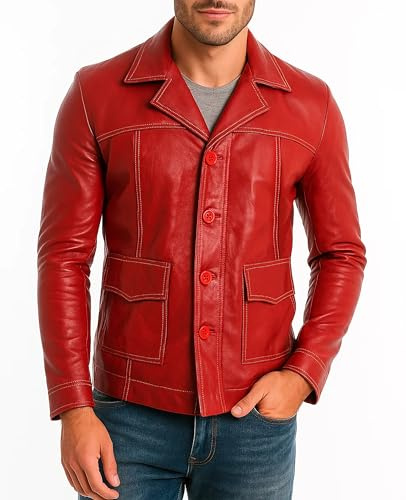 eGenius Brad Pitt Fight Club Tyler Durden Abrigo Rojo Biker Cuero Cosplay Chaqueta | Motocicleta Chaqueta de Cuero Rojo Abrigo FC Abrigo | Abrigo de Cuero para Hombre