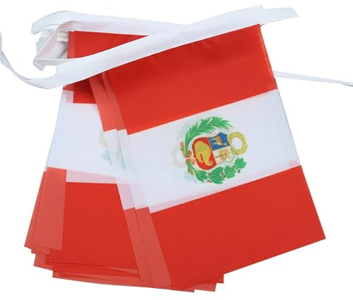 AZ FLAG Guirnalda Perú 12 m 20 banderas Poliéster Ligero 45x30 cm | Uso interior y exterior Cadena de banderas peruana banderas cosidas sobre cinta reforzada