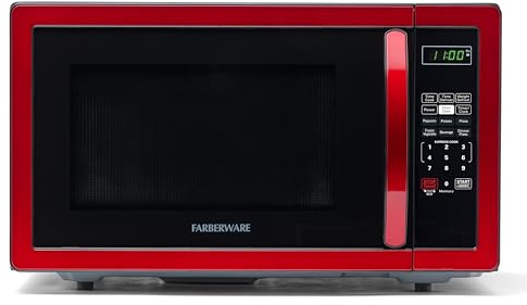Farberware 1.1 Cu. Ft. Countertop Microwave Oven – 1000 Watts Power, Auto Cook Settings, Defrost, Easy Clean and Child Safety Lock - Metallic Red