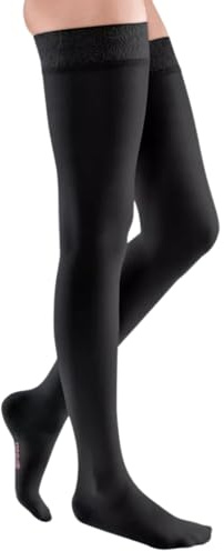 medi mediven elegance - 0268504 Oberschenkellange Damen Kompressionsstrümpfe mit offener Spitze | CCL2 | Weites Noppen-Haftband | Schwarz | Gr. IV normal