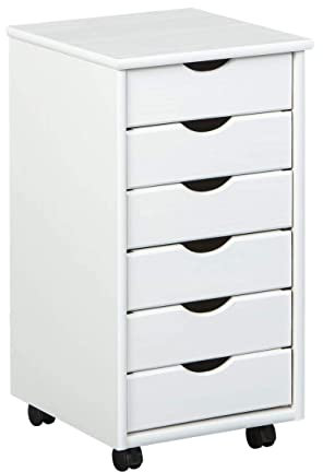 Inter Link – Rollcontainer – Rollcontainer mit 6 Schubladen – Bürocontainer - Rollschrank – Rollwagen – Schubladenkommode - Massiv Kieferholz – Weiß Lackiert - 35 x 40 x 65 cm - Simon