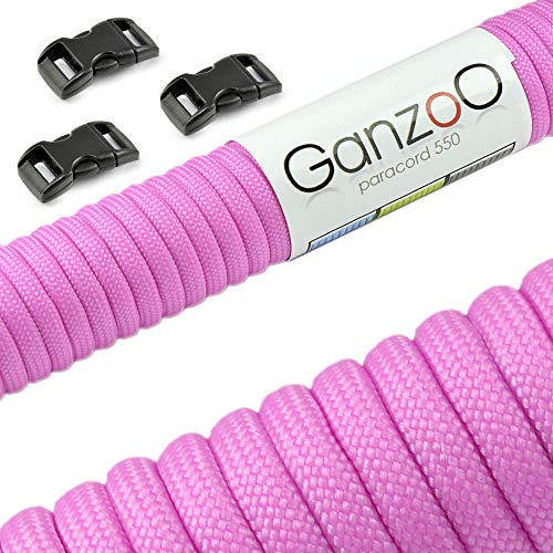 Ganzoo Paracord 550 rep kit, rosa 30 m 4 mm typ 3, nylon-polyester med 32-flätad mantel och 7 innersträngar, brottlast 550 lbs ca 250 kg, 3 klickspännen 10 mm för armband och koppel