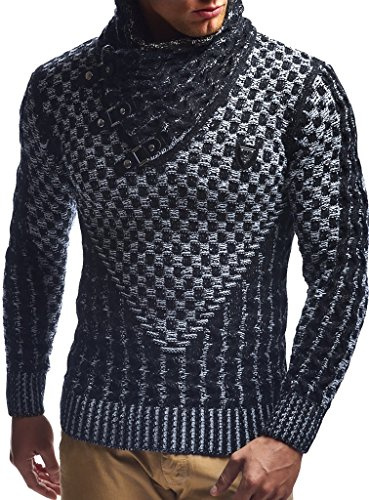 Leif Nelson Pull en maille pour hommes | Haut à manches longues coupe cintrée | Pull basique avec col châle et cuir synthétique, Taille L