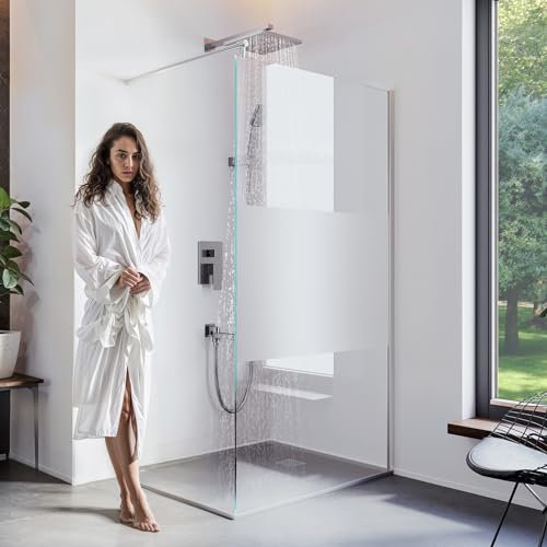 BIJON Duschwand 120 x 200 cm Teilsatiniertes Glas 8 mm ESG Duschabtrennung, Duschtrennwand, Walk-in Dusche, Glastrennwand, Nano-Lotuseffekt, M2