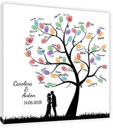 galleryy.net Hochzeitsbaum Fingerabdruck 50x50 mit NAMEN & DATUM - INKL Zubehör-Komplettset mit Stempelkissen, Stift und Hochzeitsbuch
