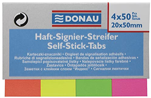 DONAU 7576001PL-99 Index Tabs Sticker Lesezeichen Haftstreifen/Mini-Haftmarker aus Papier, 20x50mm, 4x50 Stück, Textmarker-Streifen Beschreibbare