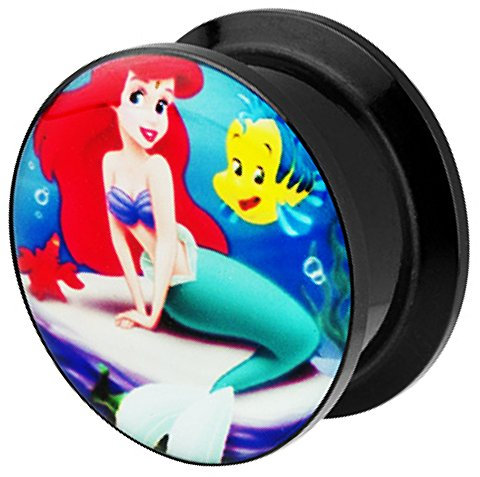 Piersando Ohr Plug Piercing Kunststoff Motiv Comic Picture Flesh Tunnel Ohrplug mit Meerjungfrau Schwarz Bunt 20mm