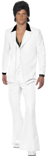 Smiffys Costume completo anni '70, bianco giacca con finta maglietta e panciotto, pantaloni Halloween