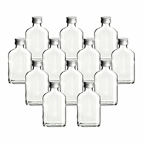 gouveo Juego de 12 botellas de vidrio de 100 ml, petaca con tapón de rosca plata, botella pequeña de 0,1 l para llenar, botellas de licor vacías para whisky, ginebra, brandy, coñac (FF100S)