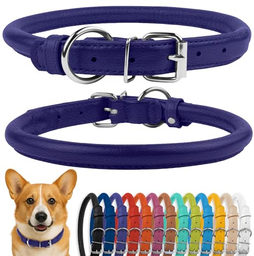 CollarDirect Hundhalsband i rullat läder, mjukt vadderat runt valphalsband, handgjort äkta läderhalsband, hund, små stora katthalsband, 13 färger (28–35 cm, lila strukturerad)