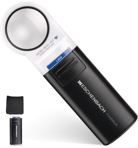Eschenbach Mobilux Hand-held Magnifying Glass - LED Illuminated Magnifier, Removable Lens Cover & Eyelet for optional Neck Lanyard, 2 AA Batteries Included - 35mmφ, 12.5x/50 Diopter Magnification