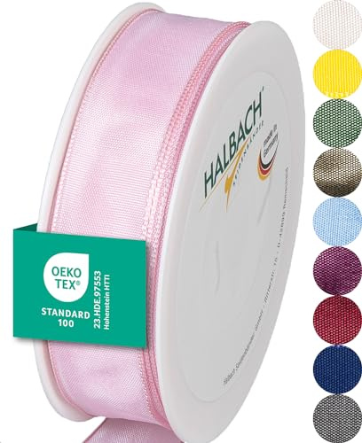 Halbach sidenband premium presentband med trådkant | bredd 25 mm längd 25 m | Öko-Tex 100 certifierat band | Taftband Made in Germany, färg: ljusrosa