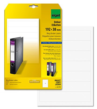 SIGEL LA410 Ordner-Etiketten selbstklebend, bedruckbar, weiß, für schmale Ordner, kurz, 175 Etiketten
