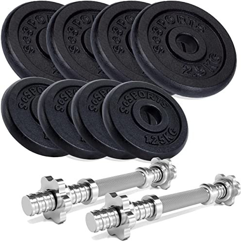 ScSPORTS® Kurzhantel Set - 20/27/30/40/60/70 kg, 2 Hantelstangen, Scheiben, 30mm, Gusseisen, Gewinde, Sternverschluss - Kurzhantelset, Hantelset, Kurzhantelstange (15 kg (4 x 2,5 + 4 x 1,25))