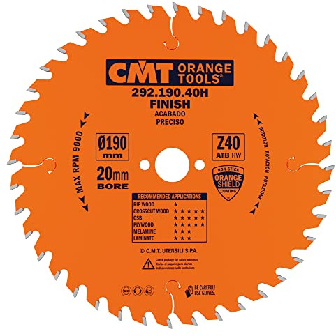 CMT Orange Tools, Circular Saw Blade, 190 mm x 2.6 mm x 20 mm, Z 40, ATB 15 Degrees, 292.190.40h