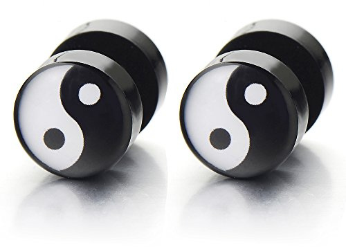 Yin Yang Enchufe Falso Fake Plug, Pendientes de Hombre, Aretes, 1 Par