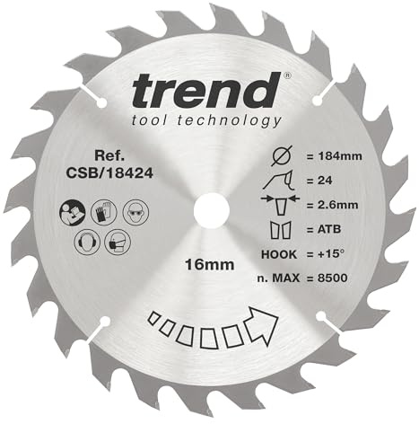 Trend Wood Circular Saw Blade, 184mm Diameter, 16mm Bore, 24 Teeth, 2.6mm Kerf, +15° Hook, TCT, Medium Finish, CSB/18424 | For Clean, Medium-Finish Cuts In Wood, With 24 Teeth, 16mm Bore And +15° Hook, TCT, CSB/18424