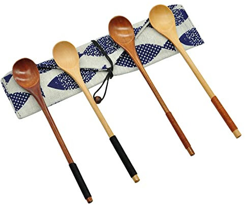 4 pièces en bois naturel café Cuillère à long manche en bois cuillère à mélange (cuillères)