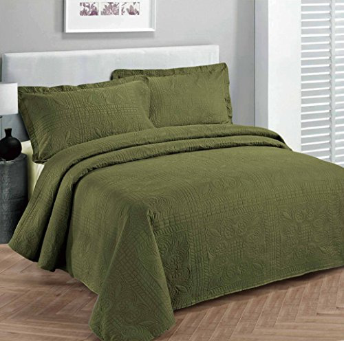 Fancy Collection 3pc Luxury Bedspread Coverlet Embossed Bed Cover Solid Olive Green New Over Size King/california King 300cm x 270cm