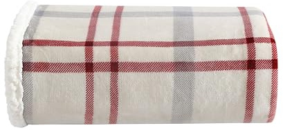 Eddie Bauer Reversible Sherpa Fleece Bedding, Home Decor for All Seasons, Polyester, New Castle Red/Grey/Ivory, Throw