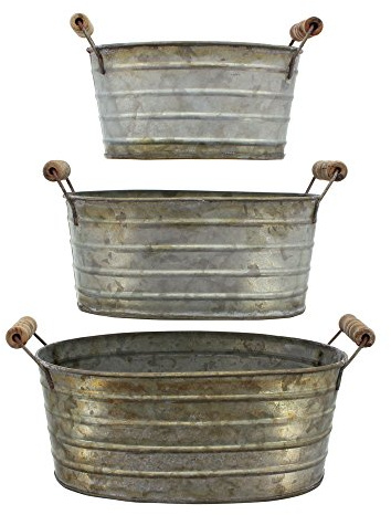 Metallbehälter, Metall Gefäß, kleine Wanne, Wanne mit Holzgriffen, im 3er Set 17 x 12 x 8 cm, 20 x 14 x 9 cm, 24 x 15 x 10 cm