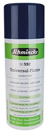 Schmincke - Universal-Firnis seidenmatt, Aerospray, 400 ml, 50 592 042, Schlussfirnis für Öl-, Acryl- und andere Maltechniken, Kunstharzfirnis mit UV-Schutz, farblos