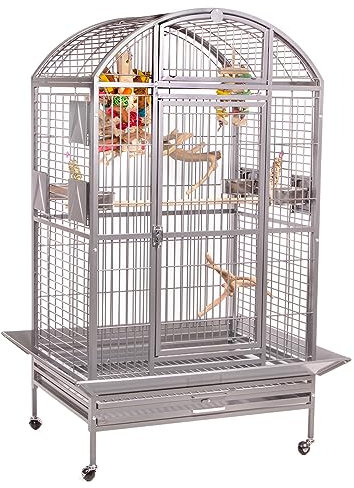 Montana Cages | Vogelvoliere Papageienkäfig Hacienda Dome, für kleine- & mittelgroße Papageien, inkl. Anflugklappe, 4 Lenkrollen, 4 Edelstahlnäpfe, Platinum Edition, ca. 91 x 71 x 165 cm