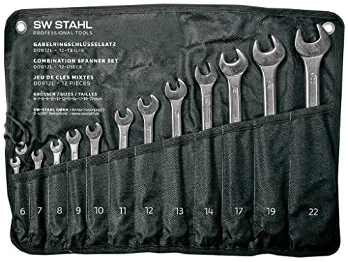 SW-Stahl 00912L Gabelringschlüsselsatz 6-22 mm, 12-tlg. Ringmaulschlüssel | Schraubenschlüssel-Set aus Chrom-Vanadium, 15° abgewinkelt, inklusive Rolltasche, Maulschlüssel für Werkstatt und Beruf