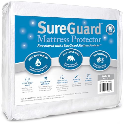 SureGuard Twin Extra Long (XL) Mattress Protector - 100% Waterproof, Hypoallergenic - Premium Fitted Cotton Terry Cover