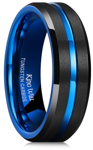 King Will - Anello doppio da uomo, 7 mm, con finitura opaca nera in carburo di tungsteno e bordo smussato blu e tungsteno, 25 1/2, cod. UK-OY-R111-11.5