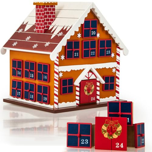 SPIELWERK® Adventskalender Winterhäuschen zum Befüllen 24 Türchen wiederverwendbar Bunt Bemalt Weihnachten Kinder DIY weihnachtliche Holz Dekoration