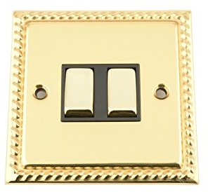 Light Switch Double 2 Gang - Polished Brass Georgian - Black - Metal Rocker Switch - 10 Amp 2 Gang 2 Way