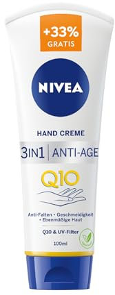 NIVEA 3in1 Anti-Age Q10 Hand Creme Vorteilsgröße, Anti-Falten Handpflege mit Q10 und UV-Filter, pflegende Hautcreme für normale bis trockene Hände (100 ml)