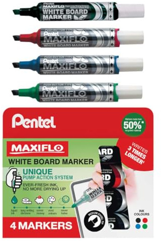 Pentel Maxiflo Marker mit Keilspitze, Whiteboard, 5,7 mm, flüssige Tinte, 4 Farben: Schwarz/Rot/Blau/Grün